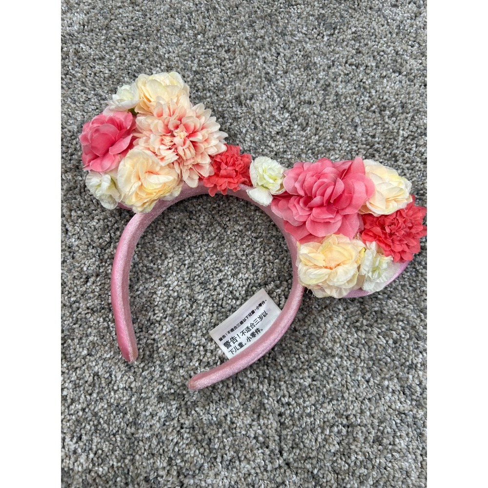 Disney Parks Minnie Mouse Floral Flower Ears Headband Pink Coral Cream Epcot
